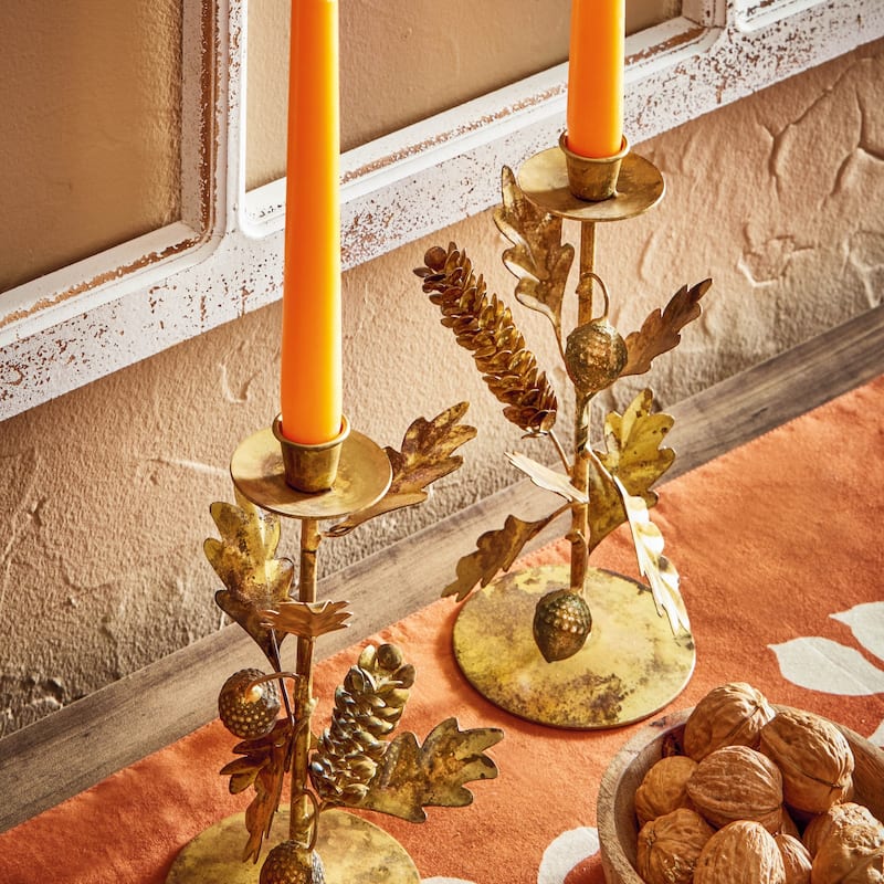 Oak Leaf & Acorn Small Taper Candle Holder Antique Brass Gold Iron 4x4x7.75 in Perfect for Thanksgiving Decor