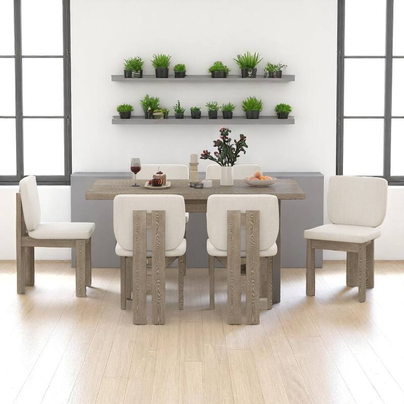7-Piece Retro Dining Set with Rectangular Trestle Table and 6 Upholstered Chairs, Farmhouse Style