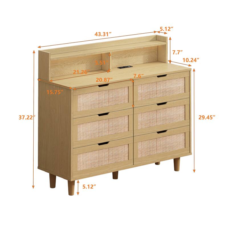 6-Drawers Rattan Storage Cabinet with LED Lights and Power Outlet