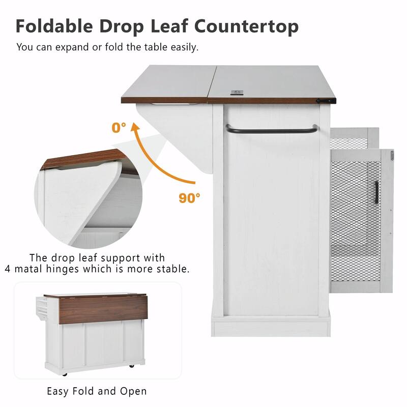 58-inch Farmhouse Kitchen Island with Storage, Sliding Barn Door & Metal Grid Side Door