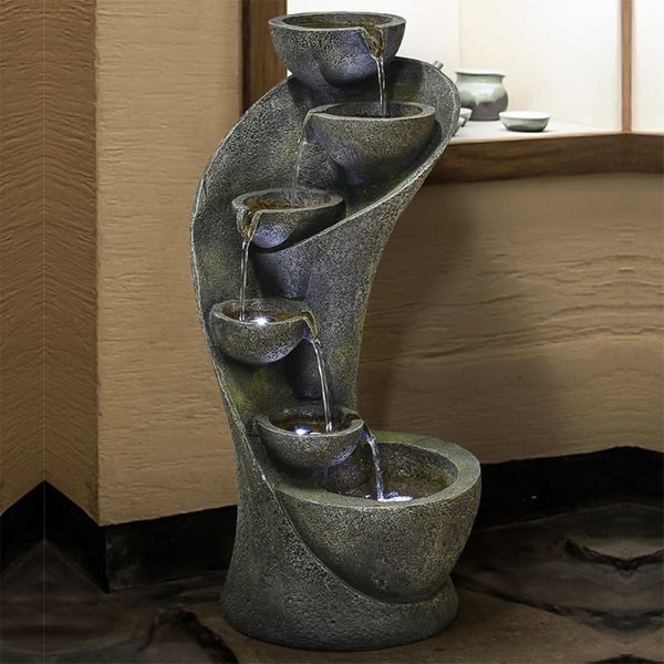 slide 2 of 8, Outdoor Water Fountain w/Light Modern Curved Water Feature for Home Grey - Floor/Lighted - Polyresin