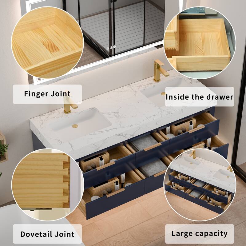 60" Wall-Mount Double Vanity with LED Light. - 60 inch