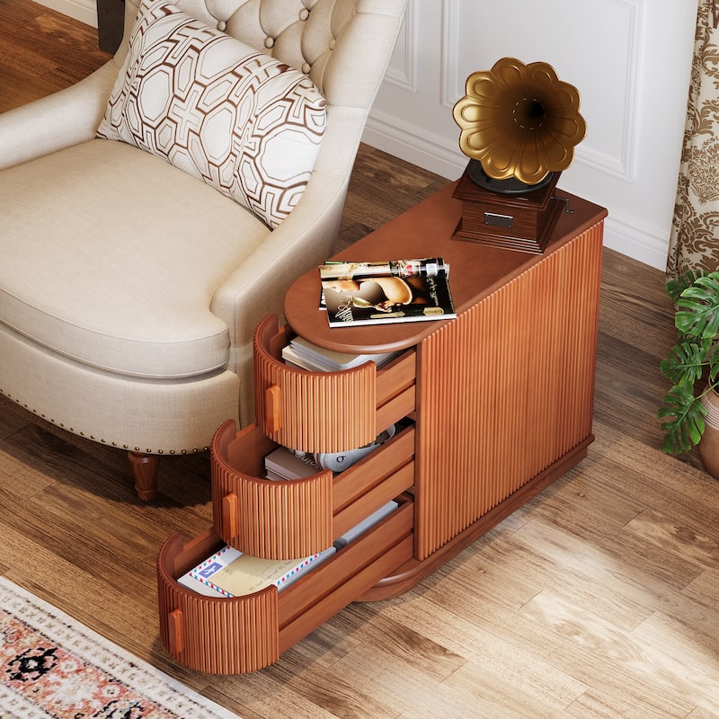 Solid Wood End Table, 3-Drawer Modern Sofa Side Table for Living Room