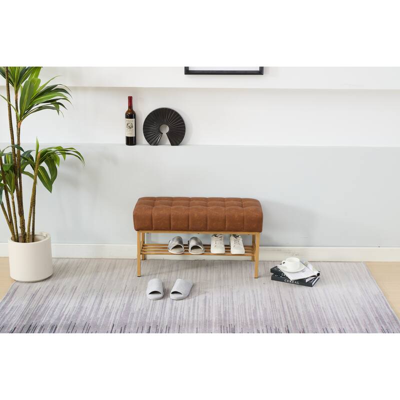 End of Bed Bench with Shelf, Retro leather Upholstered Storage Shoe Bench, Bedroom Bench with Metal Legs for Dining Room, 300 LB