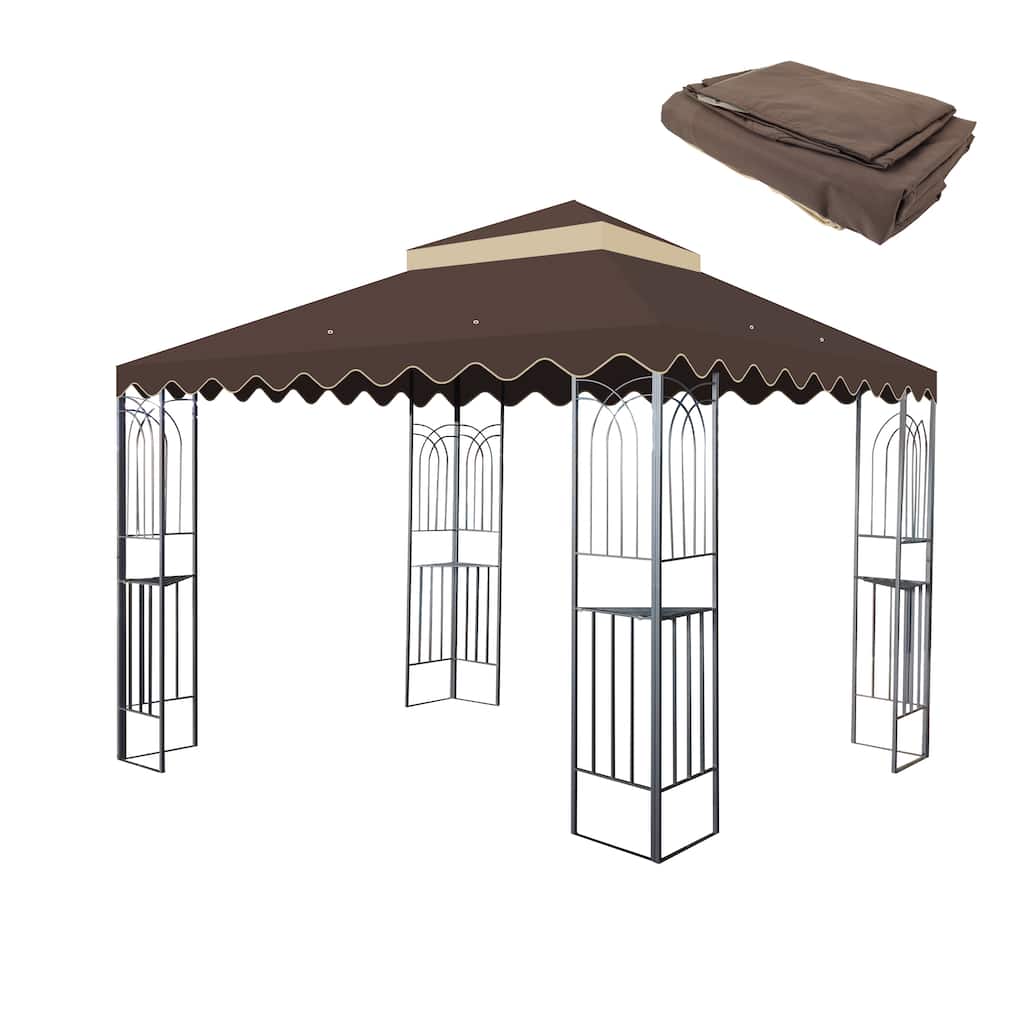 10x10 Ft Double Tiered Gazebo Replacement Canopy with Wavy Border, UV Protection & Mosquito Net - Brown