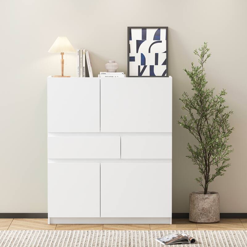 Wooden storage cabinet with 4 doors and 2 drawers - White