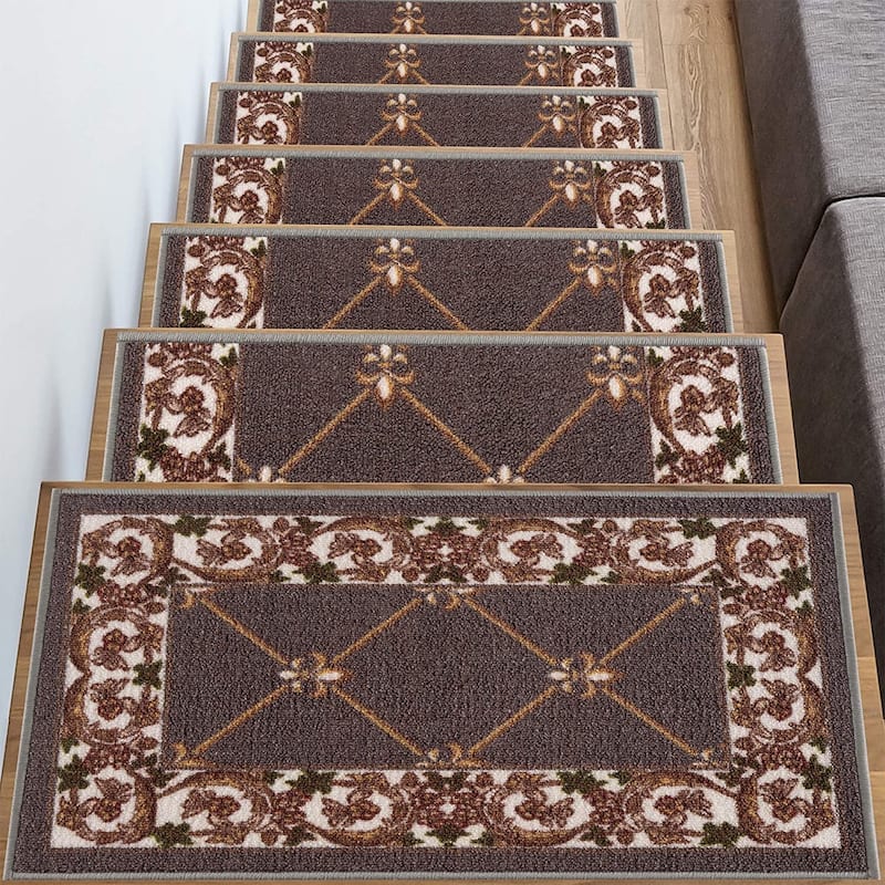 Stair Treads Fleur De Lis Floral Design Non Slip Backing, 8.5''X26''