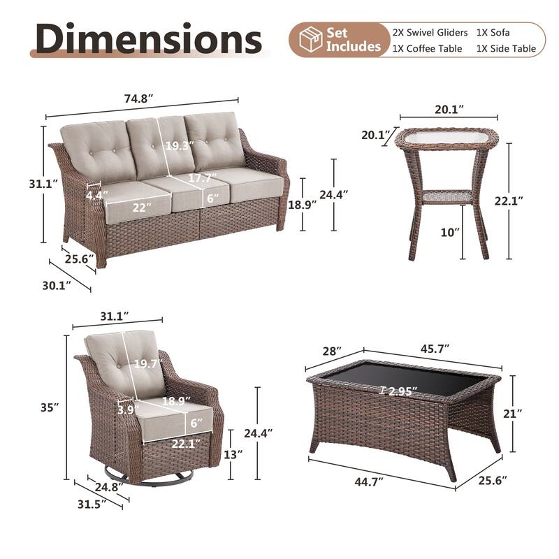 Artisan Patio Brown Wicker Sofa Conversation Set with 6-Inch Thick Cushions