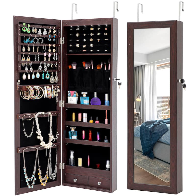 Door/Wall Mounted Jewelry Armoire Cabinet with LED Lights & Mirror - On ...
