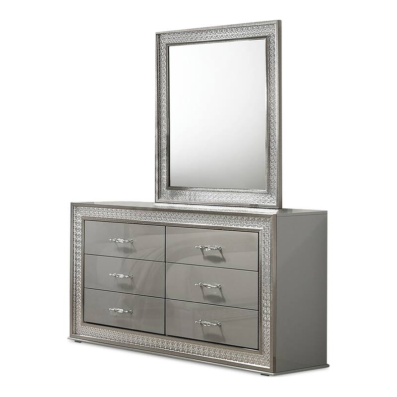 Furniture of America Rosdale Glam 5-Piece Metallic Grey Wood 7-Sided LED Headboard Platform Bedroom Set with Rectangular Mirror