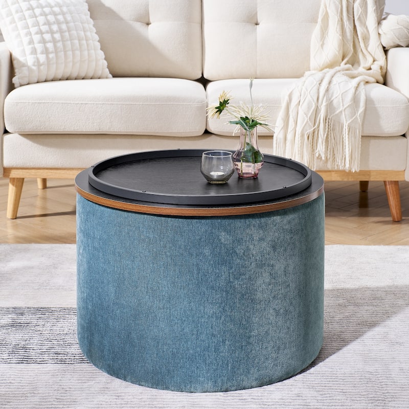 2-Piece Set Round Chenille Storage Ottoman, Equipped with a Drum Shaped Small Stool,Storage Space