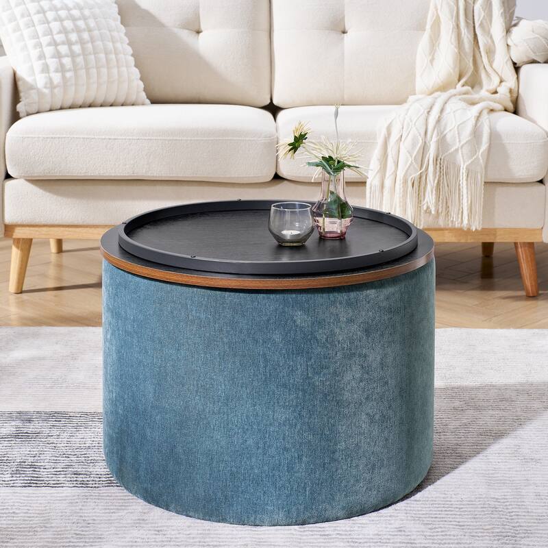Roomfitters 2-Piece Round Chenille Storage Ottoman Set with Drum-Shaped Stool and MDF Top, Hidden Compartment