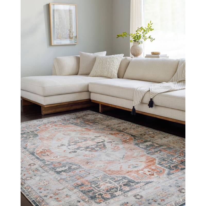 Livabliss Traditional Lavable Medallion Washable Area Rug - 2'6" x 8' - Gray/Peach
