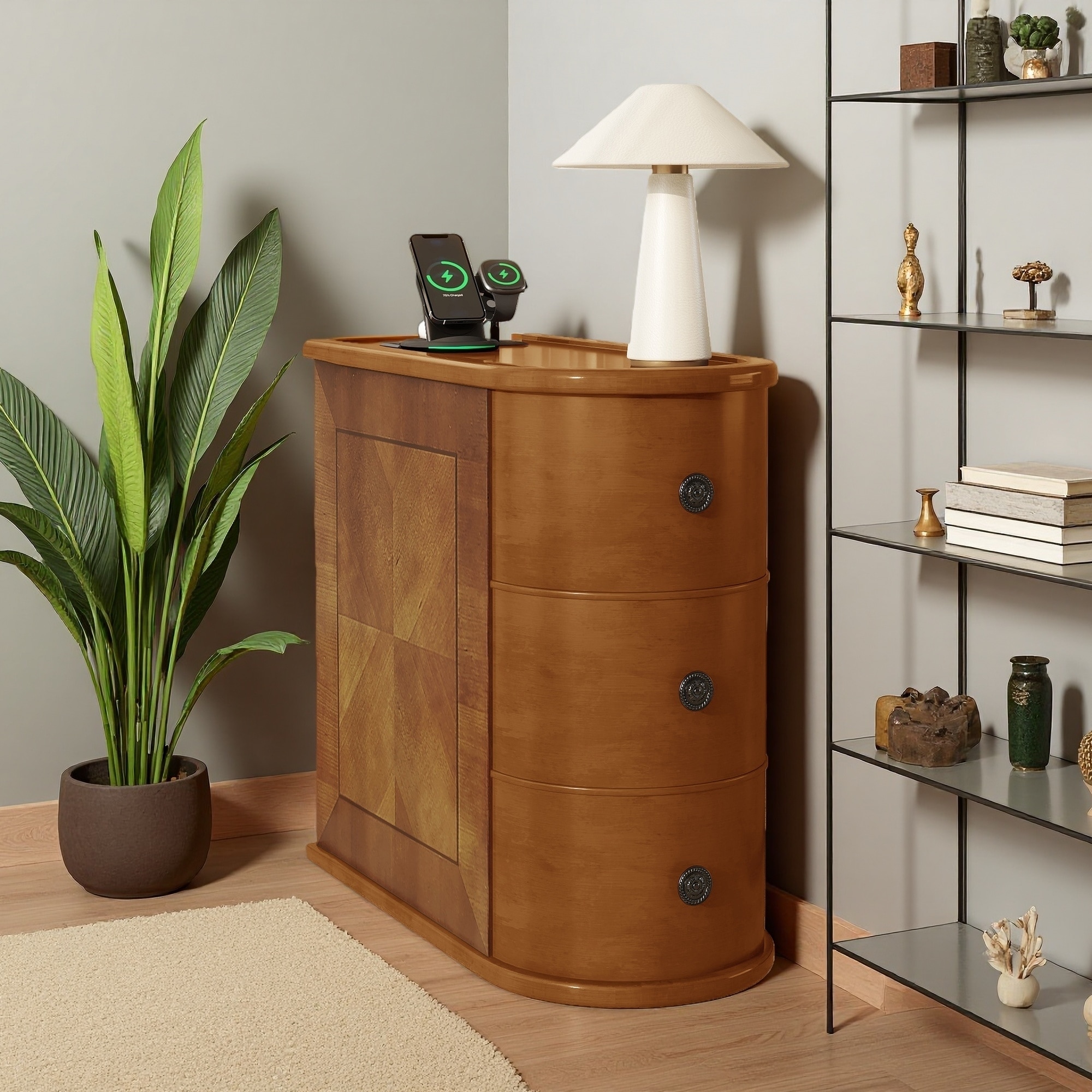 23.6"L Rubber Wood and MDF End Table with 2 Drawers and Charging Station, No Assembly Required, Sofa Side Table for Living Room