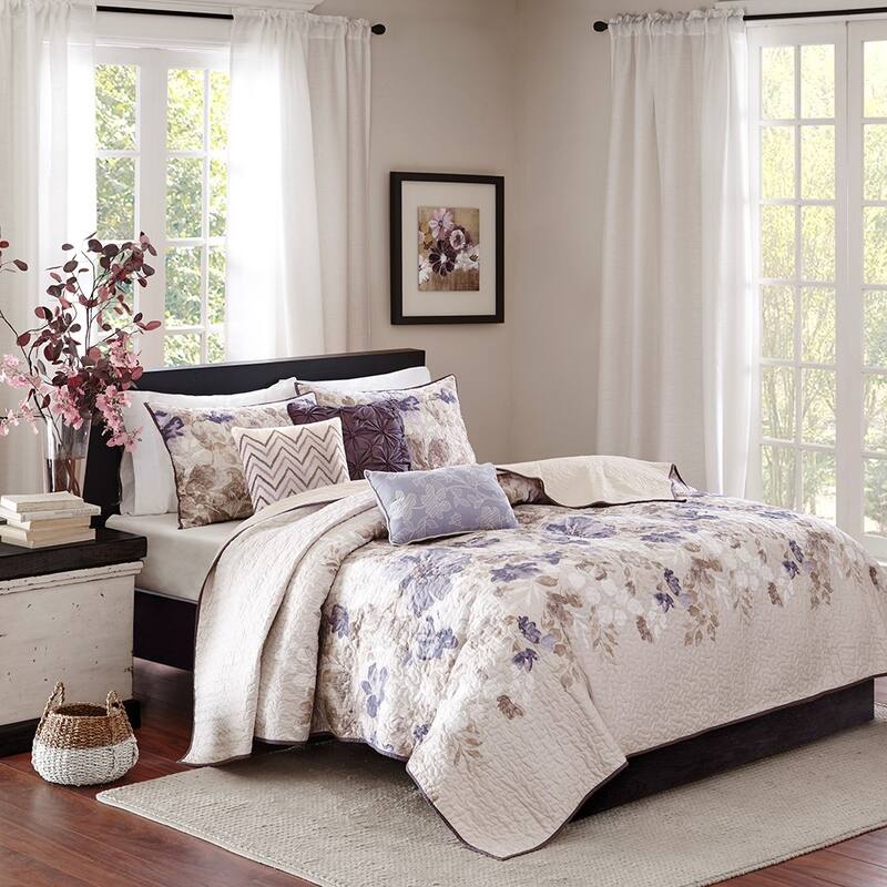 GDF Studio - Luna 6-Piece Reversible Quilt Set with Decorative Pillows - Purple Floral (King/Cal King)