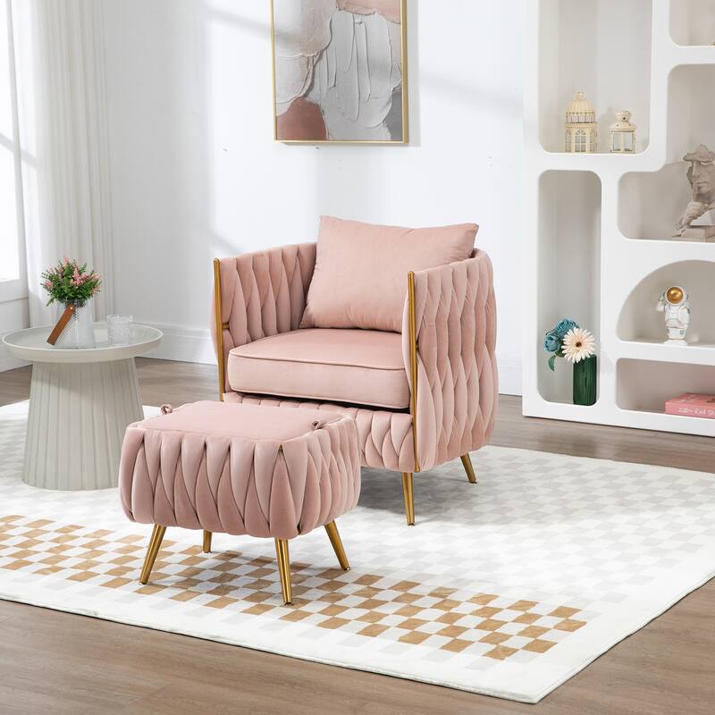 Accent Chair with Storage Ottoman, Modern Hand Woven Vanity Chair (Pink)