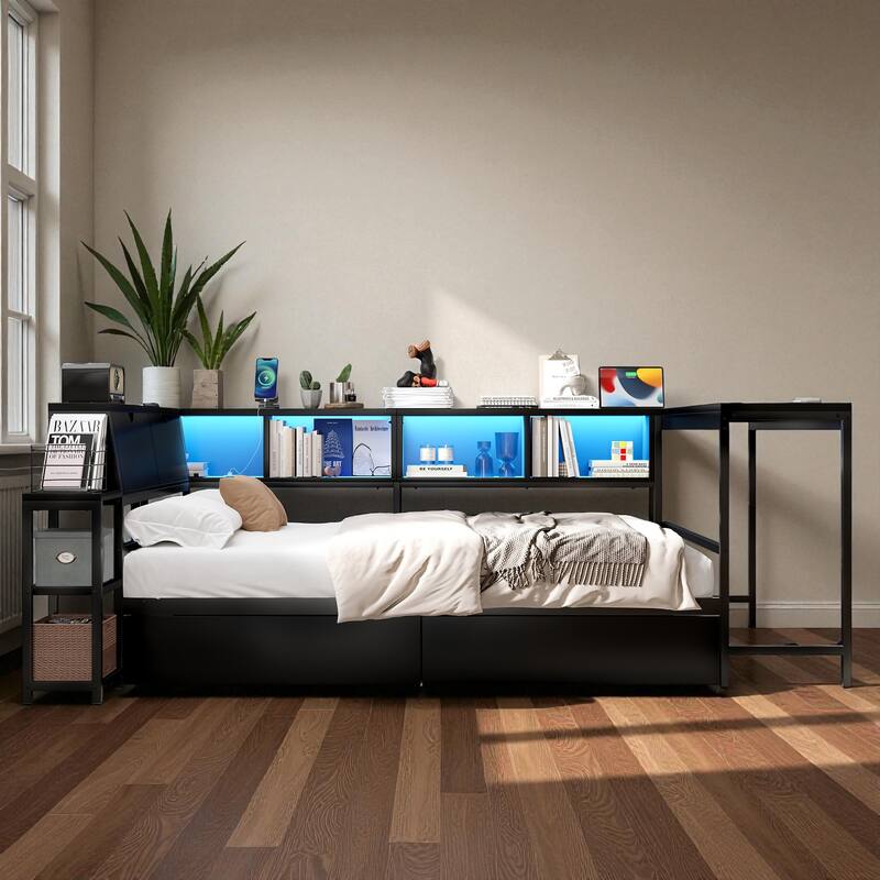 Twin/Full Size Corner Bed Frame with Bookcase, LED Lights, Charging Station and 2 Storage Drawers, Modern Platform Bed