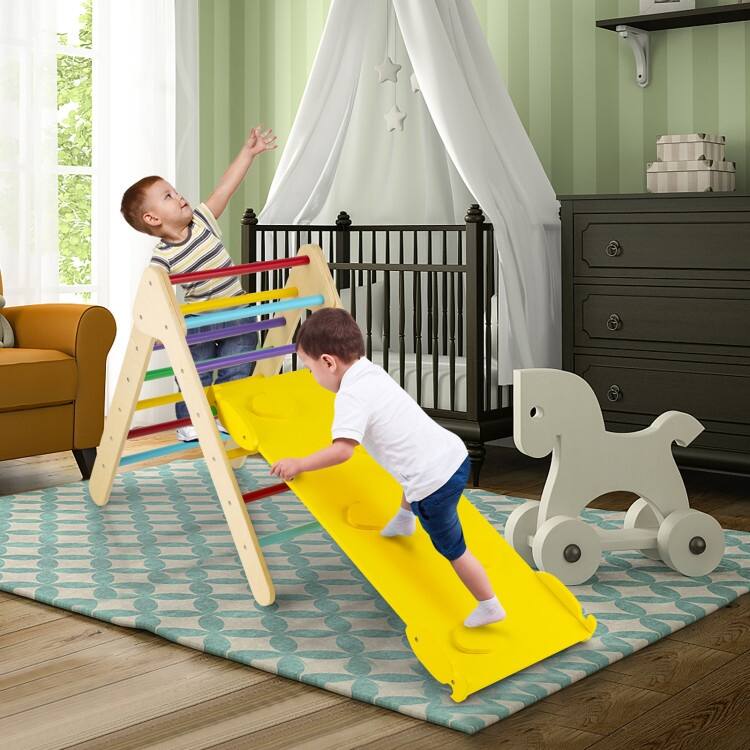 3-in-1 Wooden Climbing Triangle Set Triangle Climber with Ramp - 34" x 19" x 29" (L x W x H)