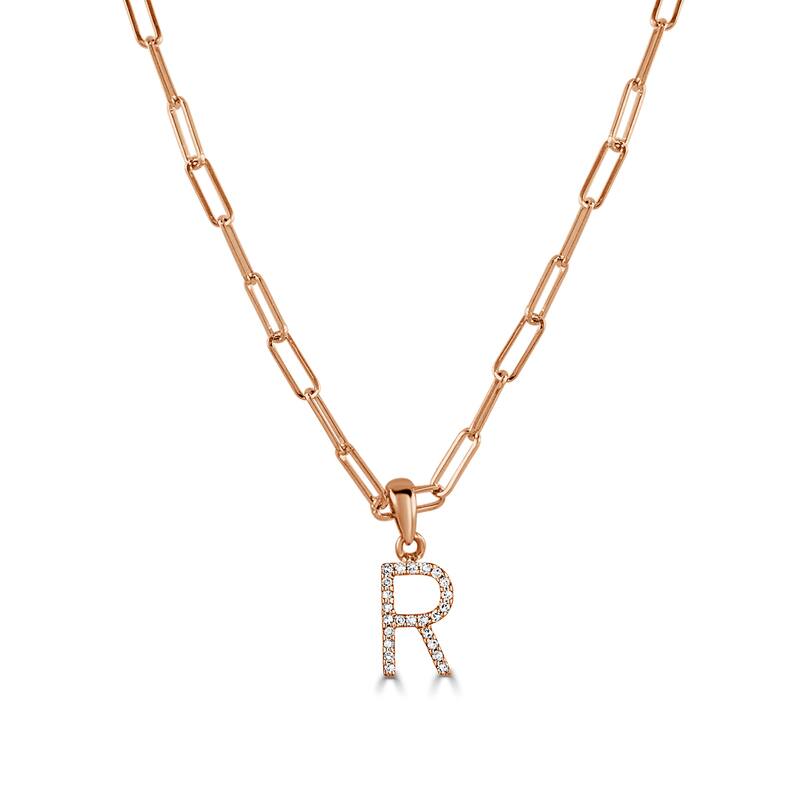 Joelle Collection Diamond Initial Letter Necklace Paperclip 14K Gold 16-inch Chain 1/10 TDW Necklace - R - Rose