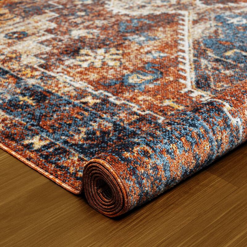 Sevita Distressed Bordered Blue Orange Medallion Machine-Washable Rug