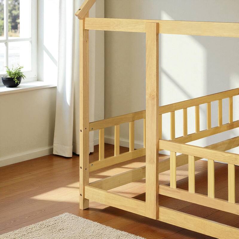 Full Size House Floor Bed with Roof Frame and Guardrails, Solid Wood Montessori Bed for Kids with Fence Design
