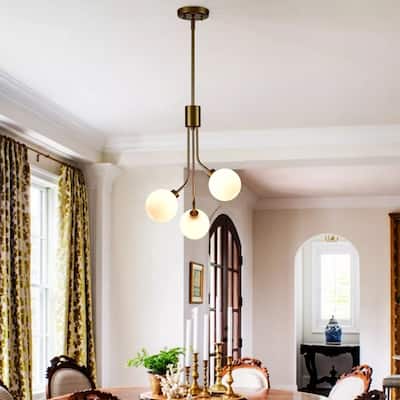 Modern Glass Globe Chandelier Brass Branches Milky White Ball Shade - 20" x 42"