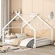 preview thumbnail 1 of 58, Metal House Bed with Roof, Fence and Back for Kids, Boys and Girls, Bedroom Full - White