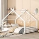 preview thumbnail 1 of 9, White Full Size Metal House Bed with Roof, Fence, and Back for Kids Full - White