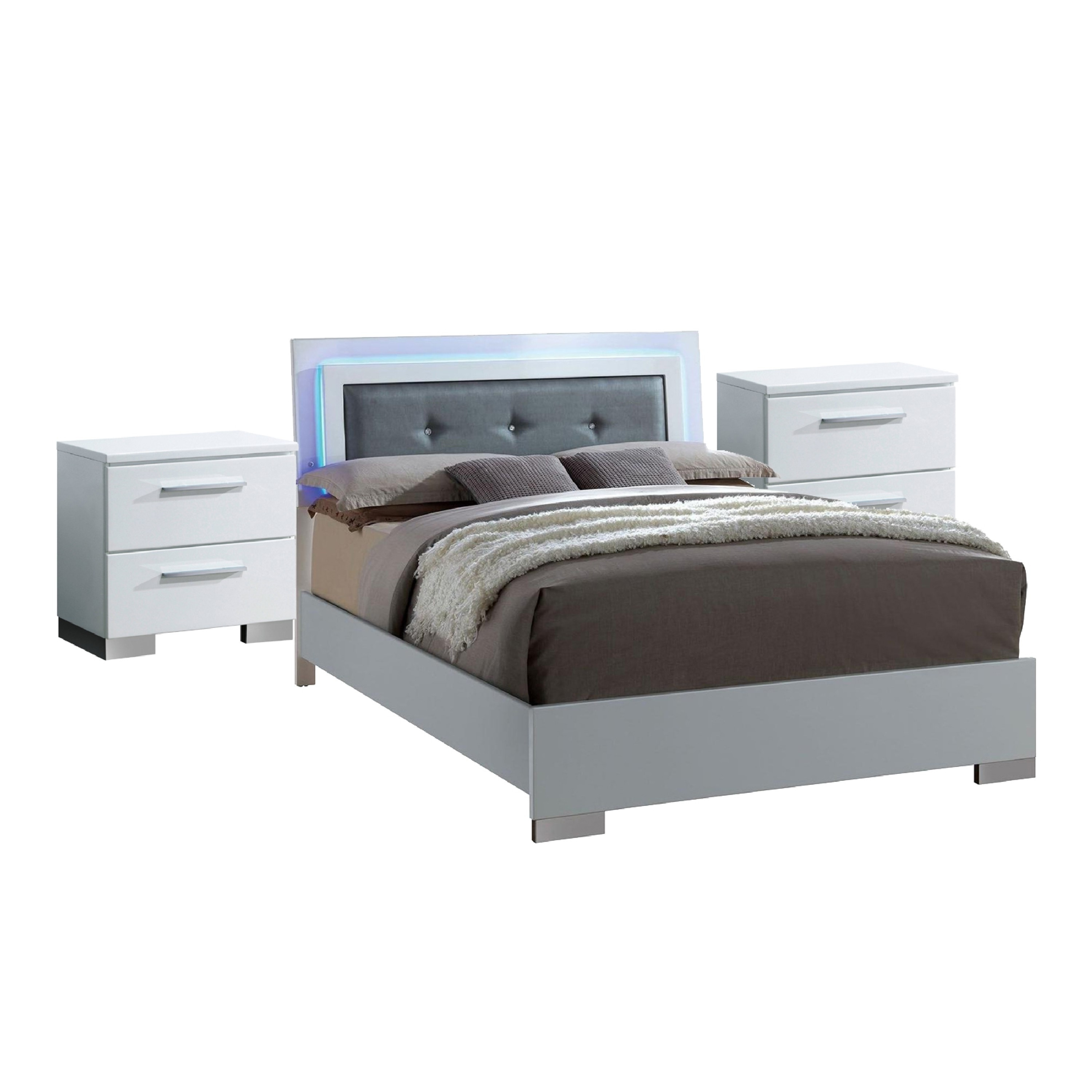 Queen Bedroom Set in White & Black Wood - 3 Piece Set with 2 Nightstands