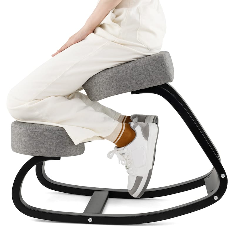 Ergonomic Grey-Black Wooden Rocking Kneeling Chair with Cushioned Seat and Kneepad - 28" x 18" x 22"