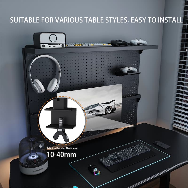 Clamp-On Desk Pegboard with Single Monitor Stand, Hooks & Movable Panel