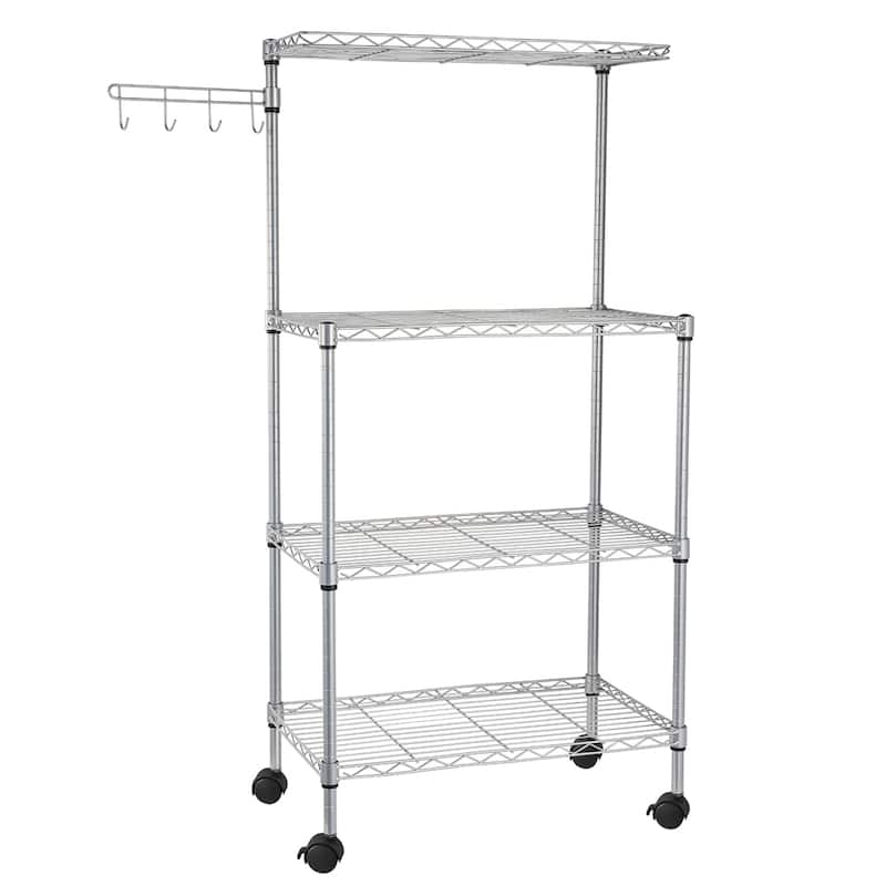 4 Layer Adjustable Kitchen Bakers Rack Microwave Oven Stand Storage Cart, Silver Powder - With a rotating wave hook