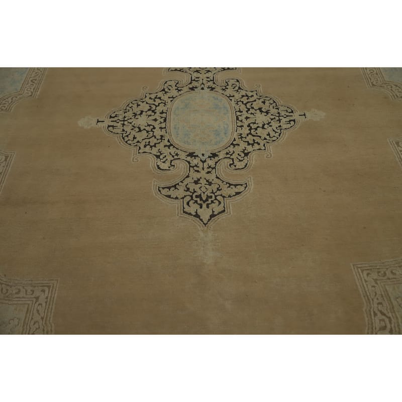 Hand Knotted Oriental 100% Wool Carpet Traditional Medallion Beige & Ivories Kerman Area Rug - 13' 8'' X 9' 9''