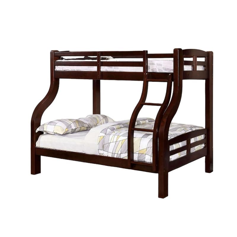 Twin Over Full Bunk Bed, Espresso Finish, Attached Curved Ladder, Sturdy Design