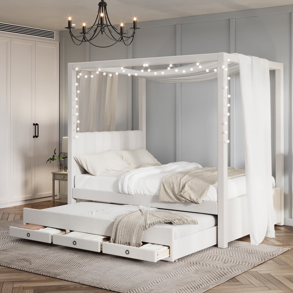 Full Size Upholstered Canopy Platform Bed with Trundle and Storage Drawers in Beige