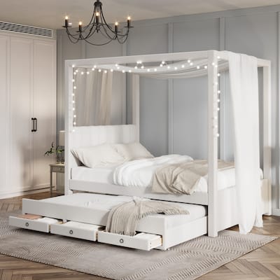 Full Size Upholstery Canopy Platform Bed with Trundle and 3 Drawers