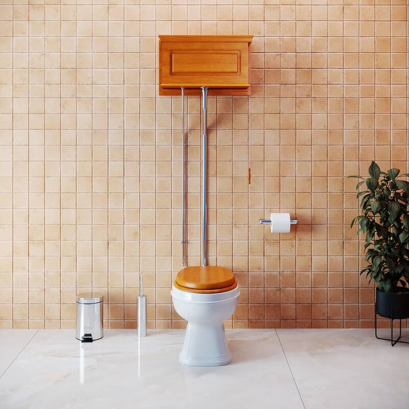 High Tank Toilet - Light Oak Wooden Raised Tank, Satin L Pipes and Round White Bowl Renovators Supply