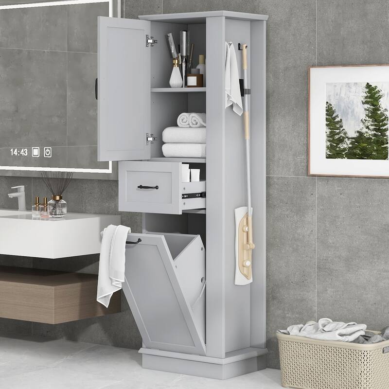 Tall Bathroom Storage Cabinet with Tilt-Out Compartment and Adjustable Shelves