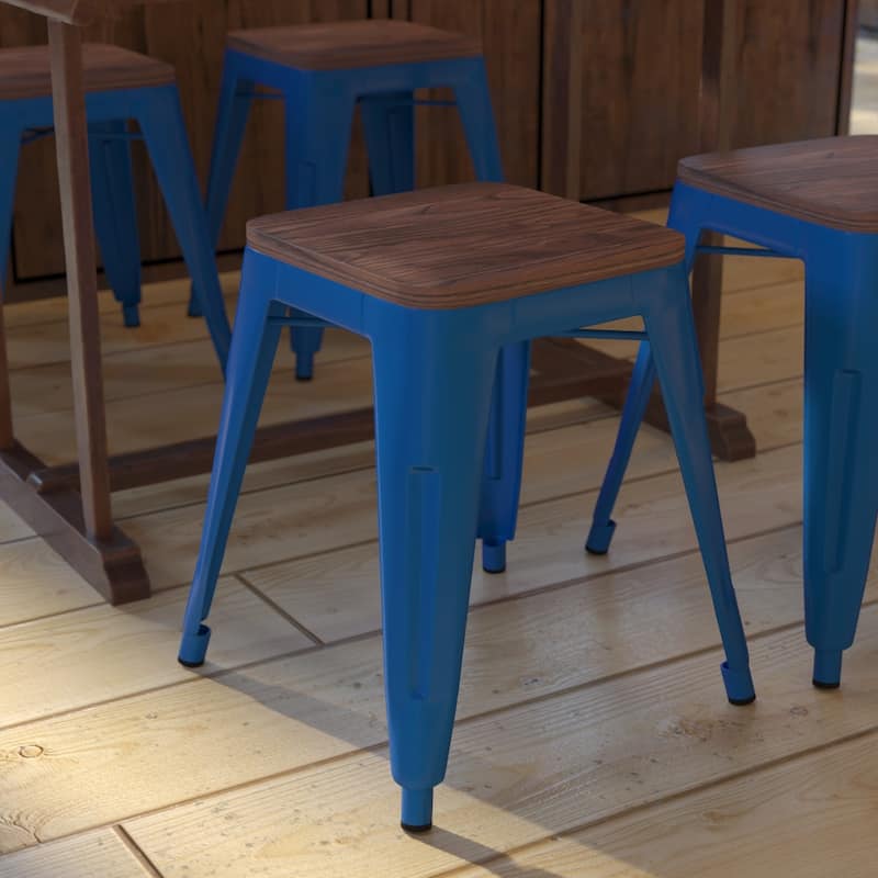 Set of 4 18" Table Height Indoor Stackable Metal Stool with Wood Seat