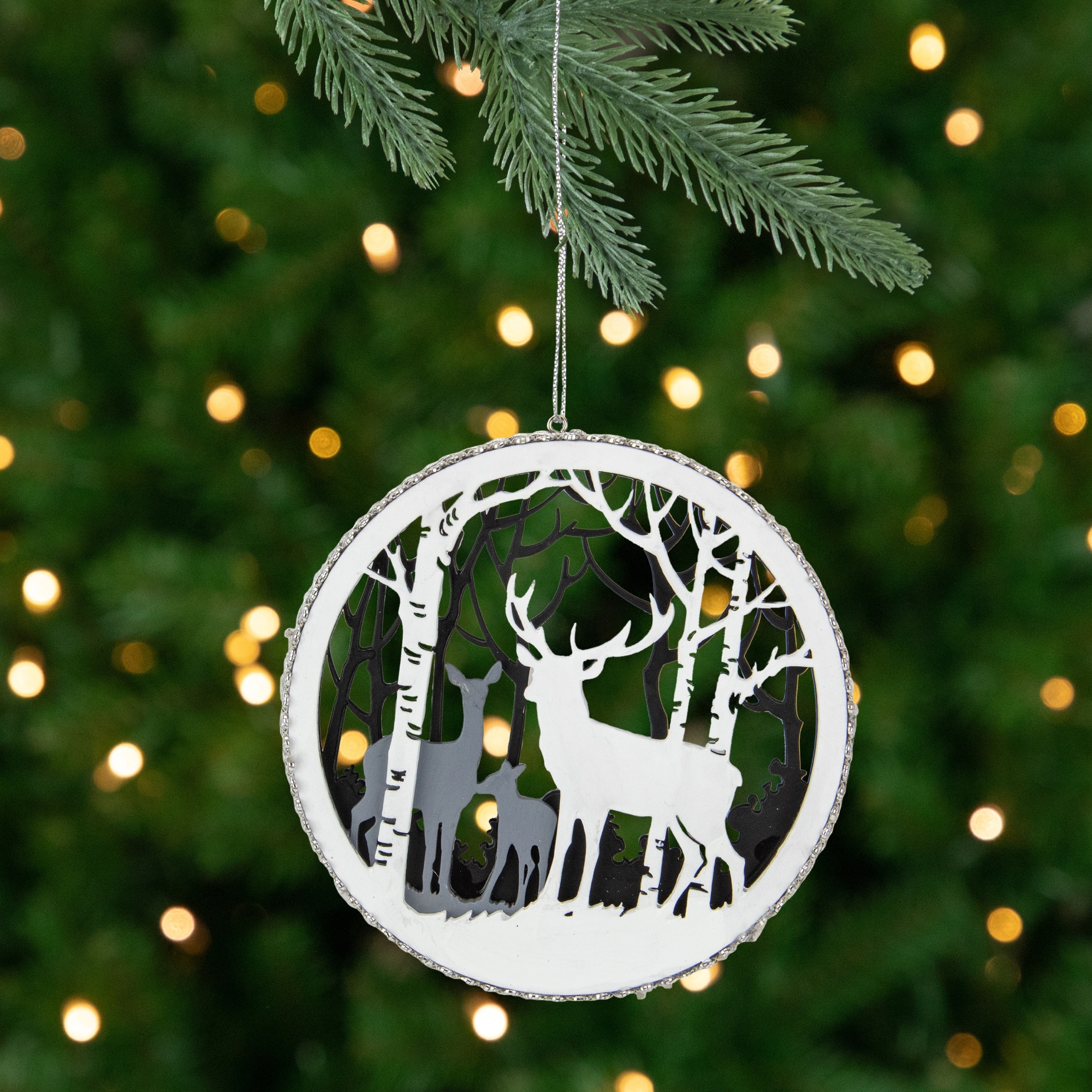 Reindeer with Forest Christmas Disc Ornament - 4.25" - Gray and White