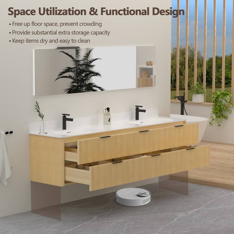 84" Floating Bathroom Vanity with Integrated countertop Rectangular Sink Solid Wood