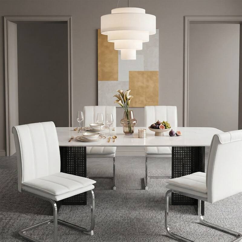Rectangular Tempered Glass Dining Table for 6, Featuring a Marble-Patterned Design with black Hollow-Out Metal Legs