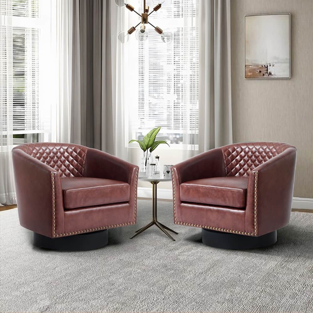 2 Set Tufted PU Vegan Leather Swivel Barrel Chair with Nailheads Trim