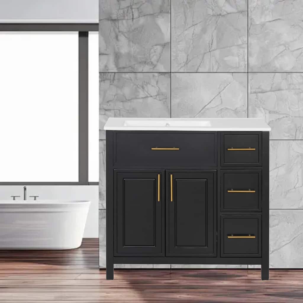 36" Freestanding Bathroom Vanity with Ceramic Sink, Storage Cabinet, Two Doors & Three Drawers
