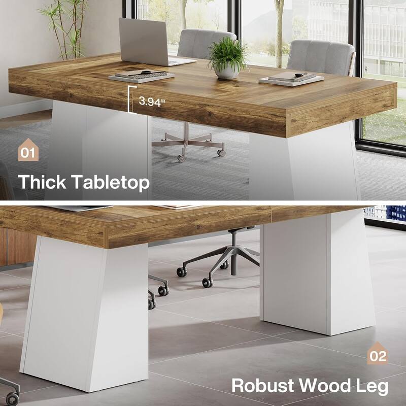 Conference Table, Modern Meeting Table with Thick Tabletop and Trapezoidal Legs