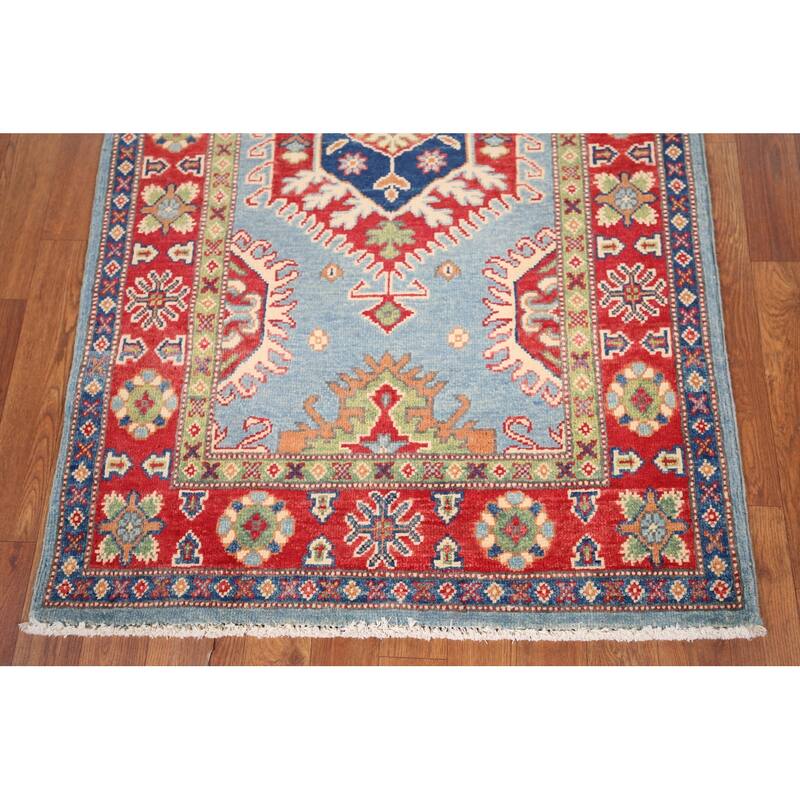 Light Blue Geometric Kazak Rug Entryway Hand-Knotted Wool Carpet - 3'1" x 4'11"