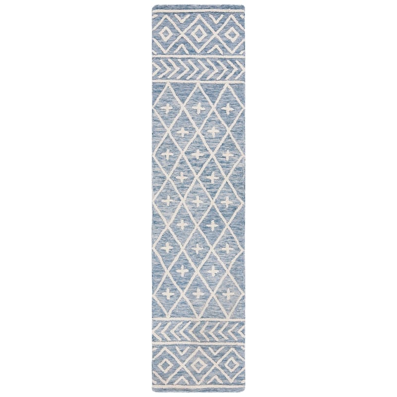 SAFAVIEH Handmade Metro Lousine Moroccan Boho Wool Rug - 2' x 9' Runner - Blue/Ivory