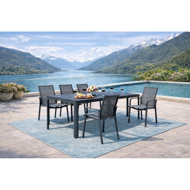 Alva Dark Grey 9-Piece Aluminum Outdoor Dining Set with Sling Set in Pewter - N/A