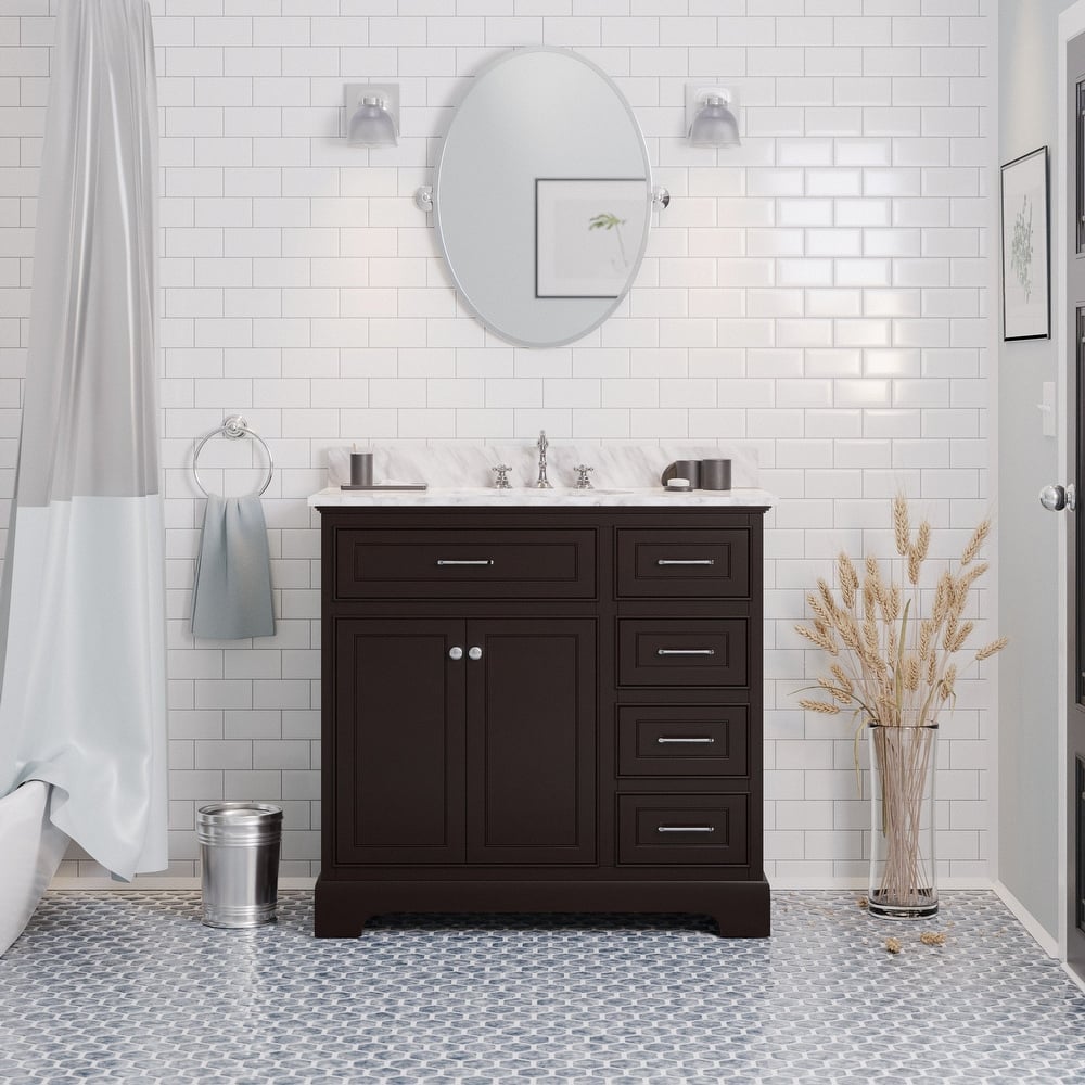 KitchenBathCollection Aria 36" Bathroom Vanity with Carrara Marble Top