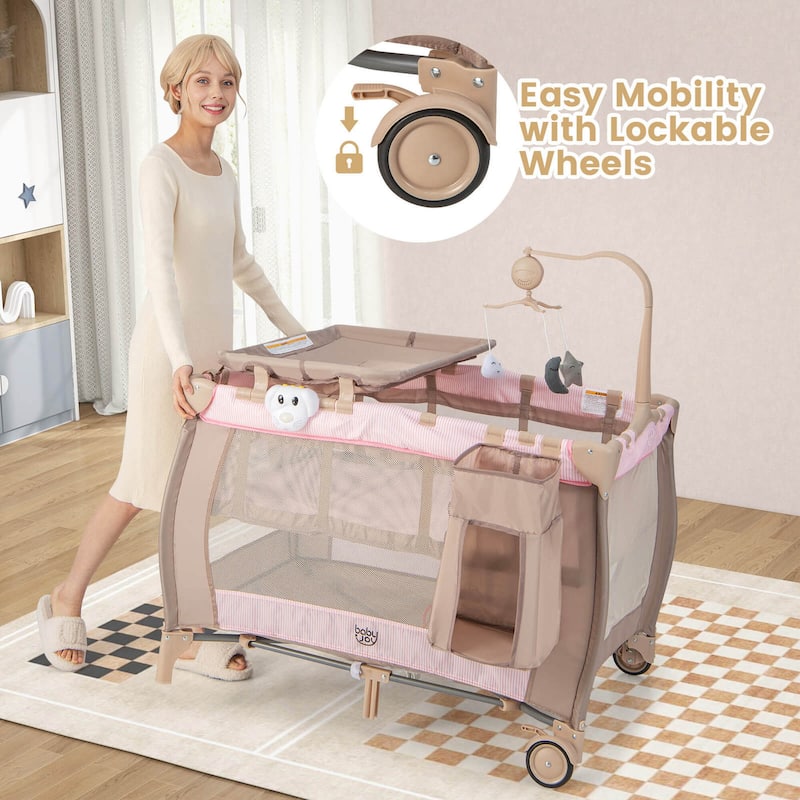 Costway Portable Baby Playard Nursery Center Crib with Hanging Toys & - See Details